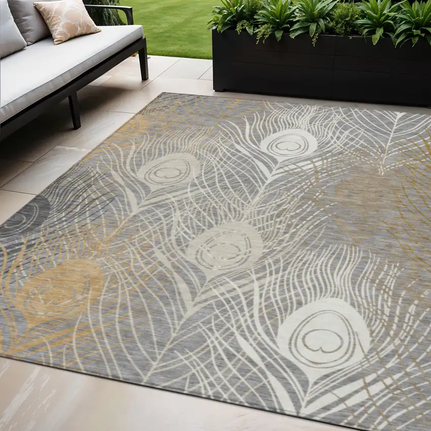 Gray Ivory And Gold Floral Washable Indoor Outdoor Area Rug Photo 1