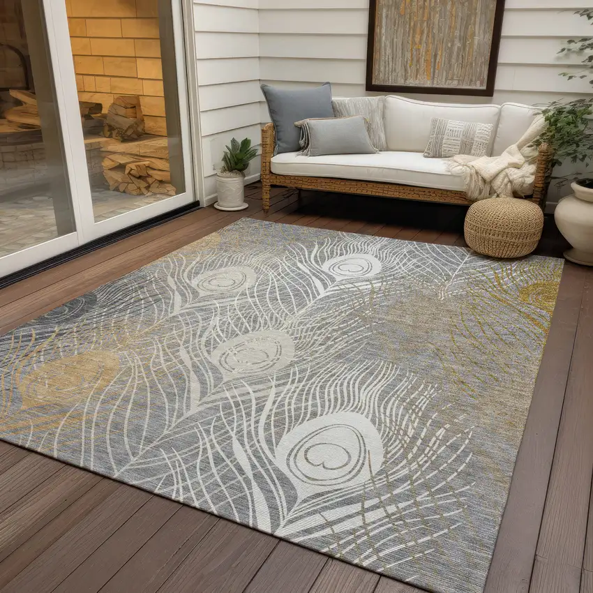 Gray Ivory And Gold Floral Washable Indoor Outdoor Area Rug Photo 9