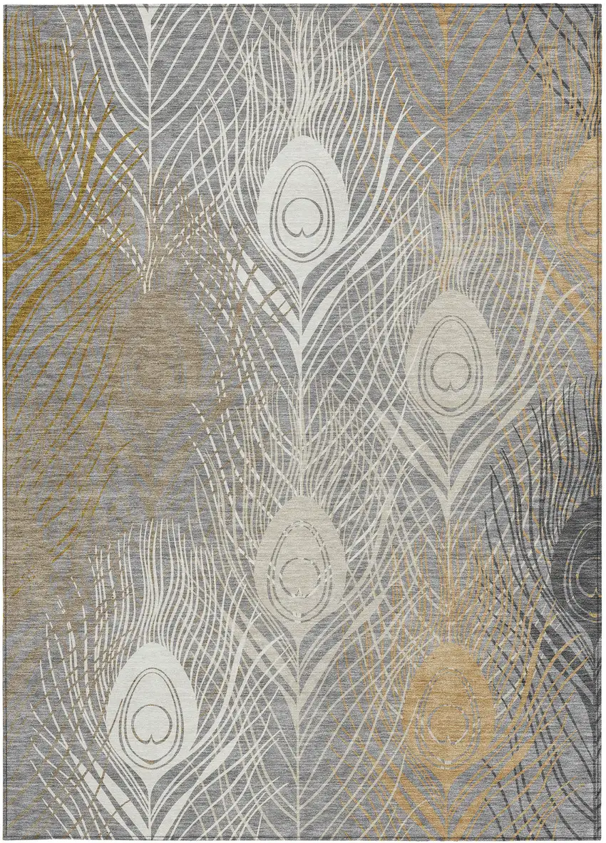 Gray Ivory And Gold Floral Washable Indoor Outdoor Area Rug Photo 3
