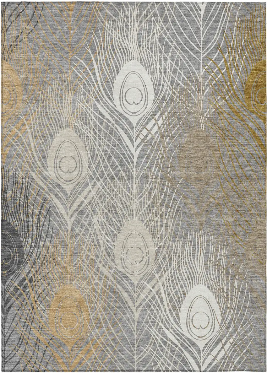 Gray Ivory And Gold Floral Washable Indoor Outdoor Area Rug Photo 2