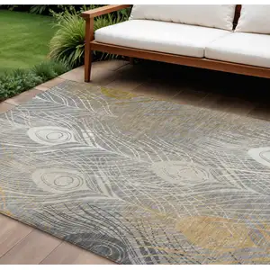 Photo of Gray Ivory And Gold Floral Washable Indoor Outdoor Area Rug
