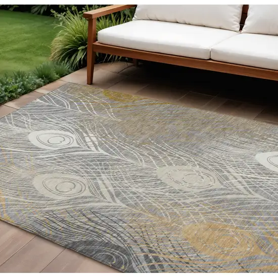 Gray Ivory And Gold Floral Washable Indoor Outdoor Area Rug Photo 1