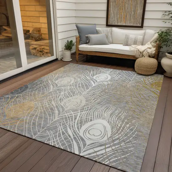 Gray Ivory And Gold Floral Washable Indoor Outdoor Area Rug Photo 9