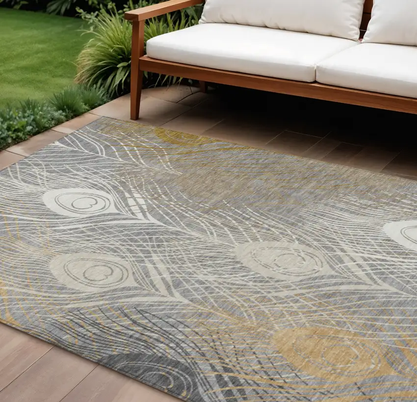 Gray Ivory And Gold Floral Washable Indoor Outdoor Area Rug Photo 1
