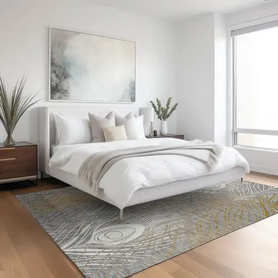 Gray Ivory And Gold Floral Washable Indoor Outdoor Area Rug Photo 8