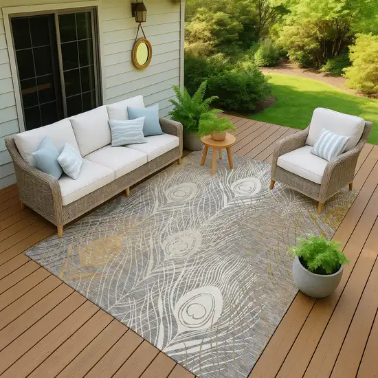Gray Ivory And Gold Floral Washable Indoor Outdoor Area Rug Photo 6