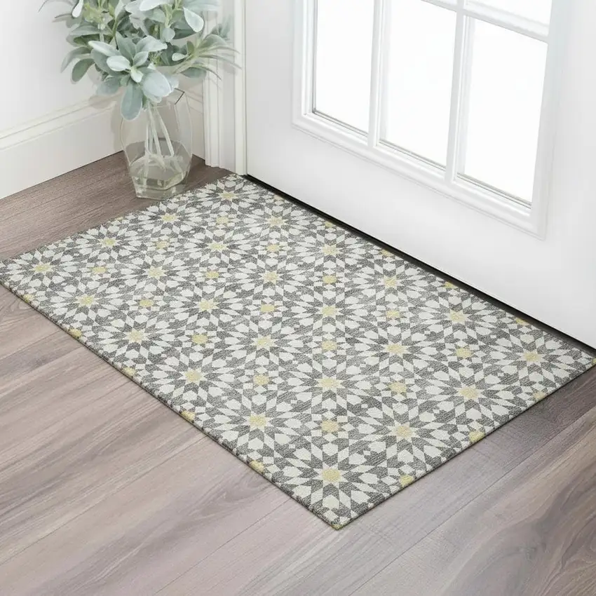 Gray Ivory And Gold Geometric Washable Area Rug With UV Protection Photo 1
