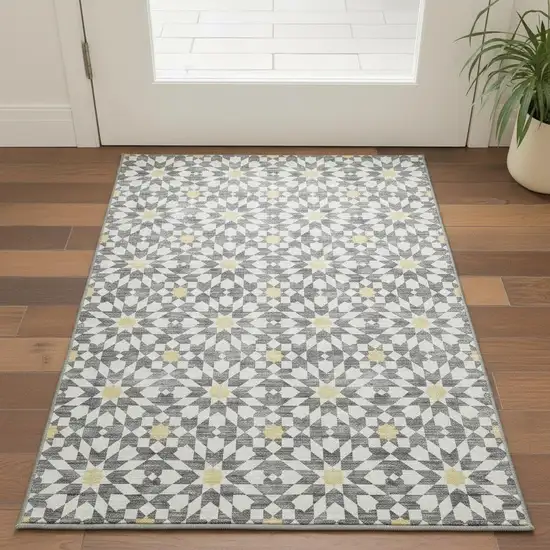 Gray Ivory And Gold Geometric Washable Area Rug With UV Protection Photo 2