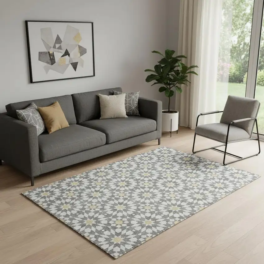 Gray Ivory And Gold Geometric Washable Area Rug With UV Protection Photo 1