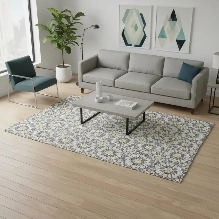 Gray Ivory And Gold Geometric Washable Area Rug With UV Protection Photo 2