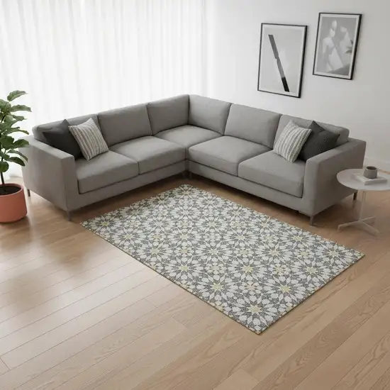 Gray Ivory And Gold Geometric Washable Area Rug With UV Protection Photo 2