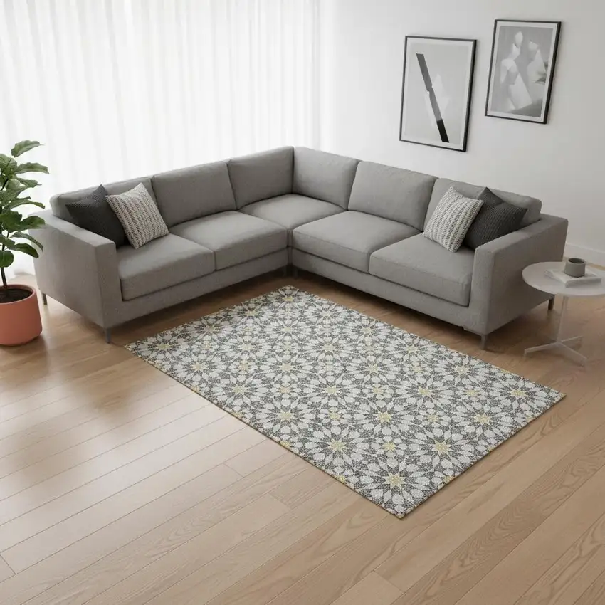 Gray Ivory And Gold Geometric Washable Area Rug With UV Protection Photo 2