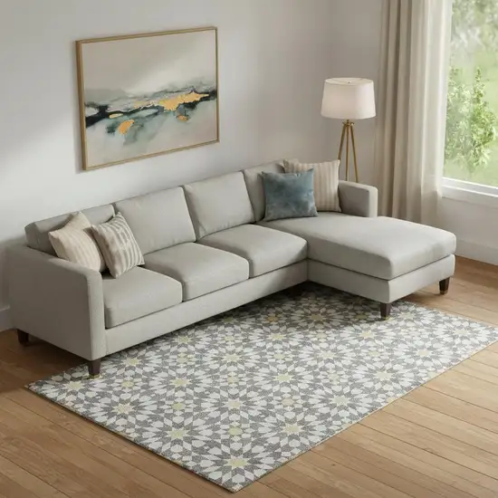 Gray Ivory And Gold Geometric Washable Area Rug With UV Protection Photo 1