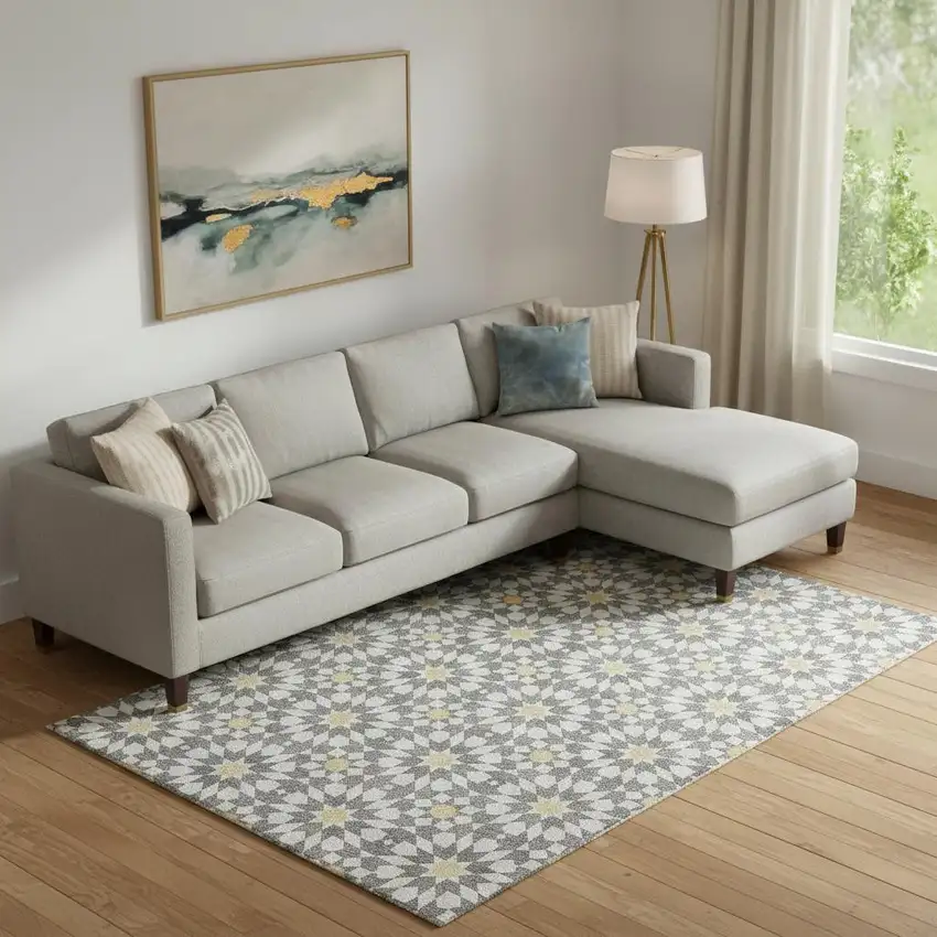 Gray Ivory And Gold Geometric Washable Area Rug With UV Protection Photo 1