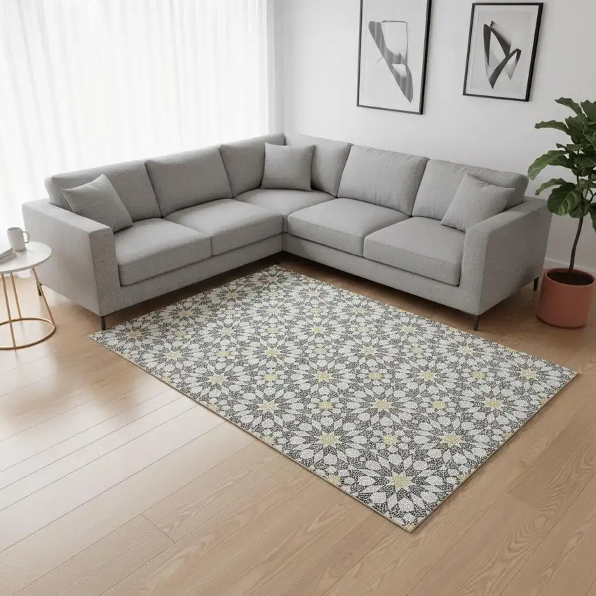 Gray Ivory And Gold Geometric Washable Area Rug With UV Protection Photo 2