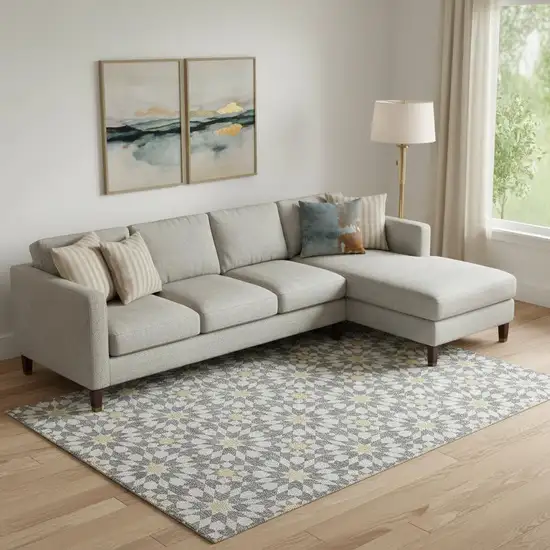 Gray Ivory And Gold Geometric Washable Area Rug With UV Protection Photo 1