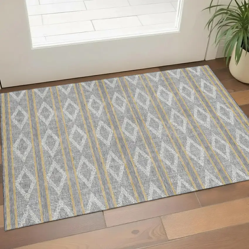 Gray Ivory And Gold Geometric Washable Area Rug With UV Protection Photo 1