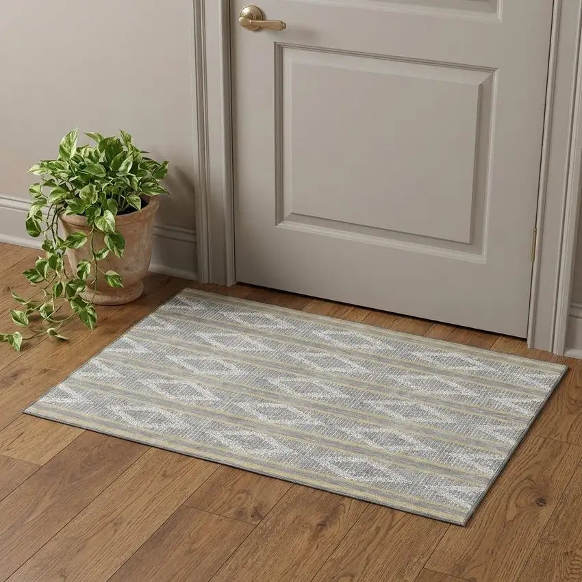 Gray Ivory And Gold Geometric Washable Area Rug With UV Protection Photo 1
