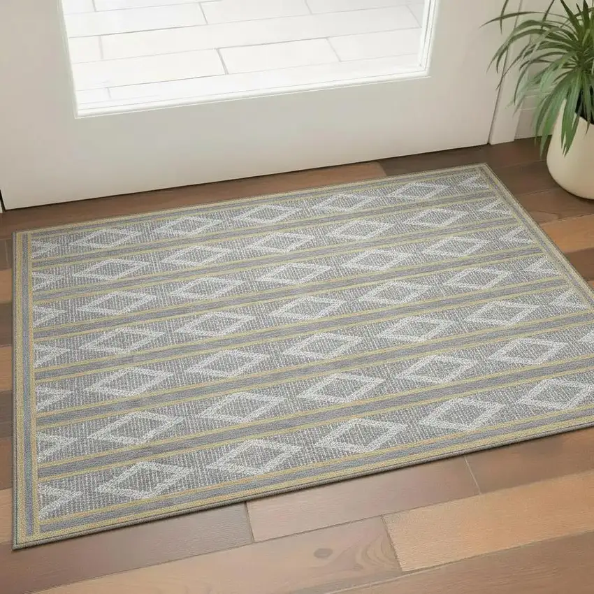 Gray Ivory And Gold Geometric Washable Area Rug With UV Protection Photo 2