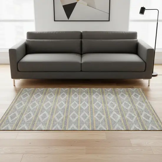 Gray Ivory And Gold Geometric Washable Area Rug With UV Protection Photo 1