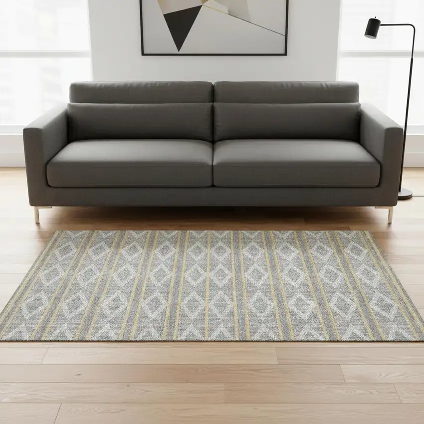 Gray Ivory And Gold Geometric Washable Area Rug With UV Protection Photo 1