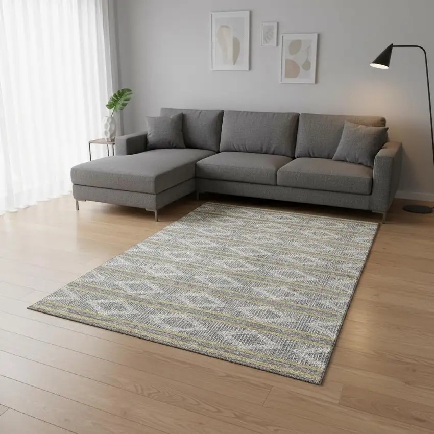 Gray Ivory And Gold Geometric Washable Area Rug With UV Protection Photo 2
