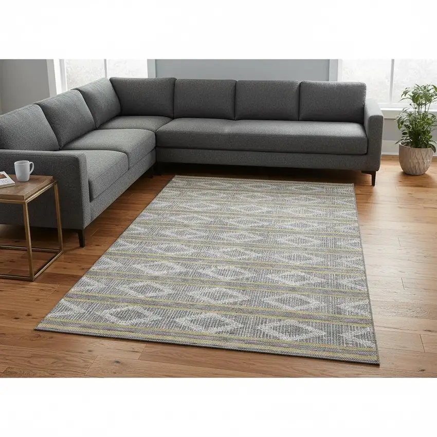Gray Ivory And Gold Geometric Washable Area Rug With UV Protection Photo 2