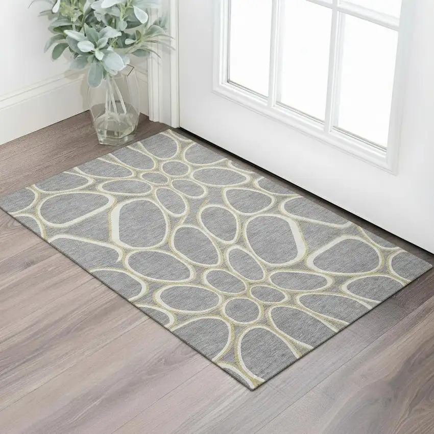 Gray Ivory And Gold Geometric Washable Area Rug With UV Protection Photo 2