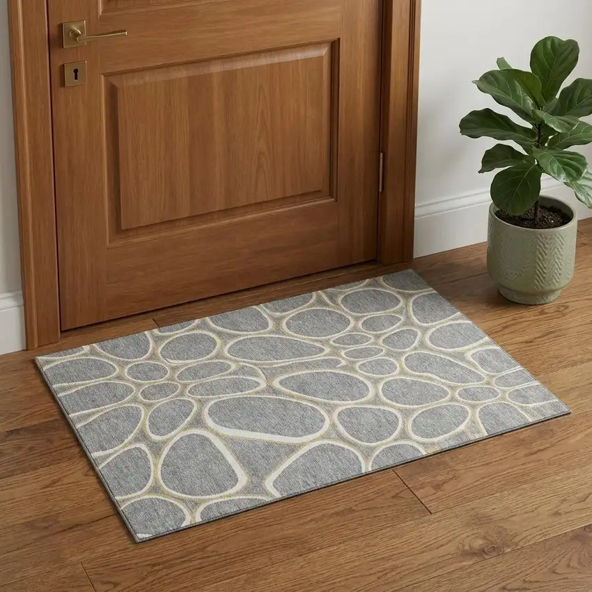 Gray Ivory And Gold Geometric Washable Area Rug With UV Protection Photo 1