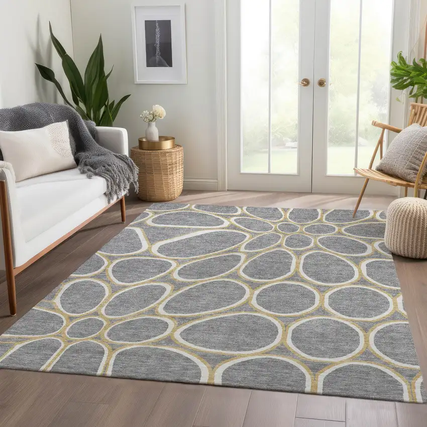 Gray Ivory And Gold Geometric Washable Area Rug With UV Protection Photo 5