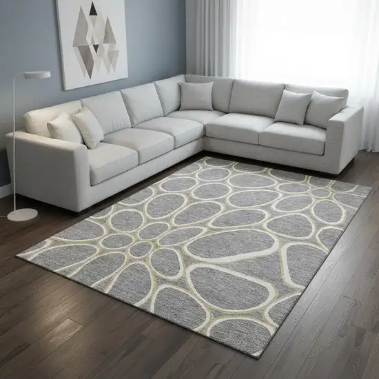 Gray Ivory And Gold Geometric Washable Area Rug With UV Protection Photo 2