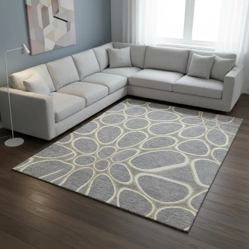 Gray Ivory And Gold Geometric Washable Area Rug With UV Protection Photo 2