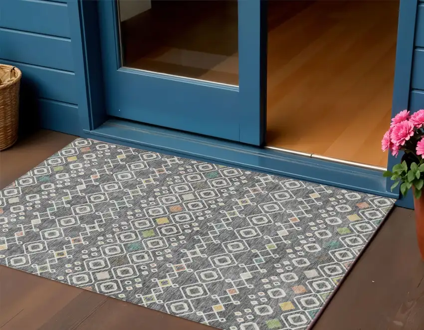 Gray Ivory And Gold Geometric Washable Indoor Outdoor Area Rug Photo 1