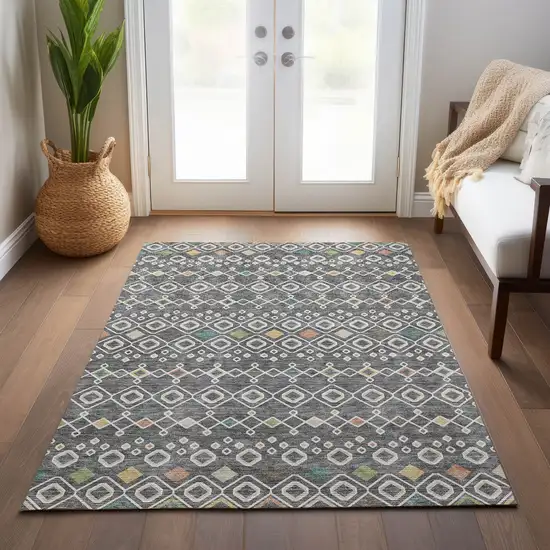 Gray Ivory And Gold Geometric Washable Indoor Outdoor Area Rug Photo 9