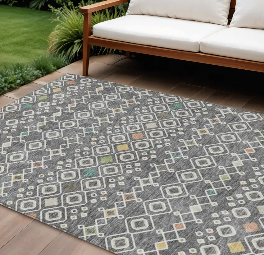Gray Ivory And Gold Geometric Washable Indoor Outdoor Area Rug Photo 1