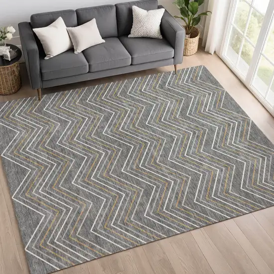 Gray Ivory And Gold Geometric Washable Indoor Outdoor Area Rug Photo 5