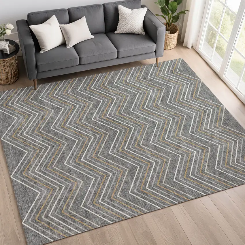 Gray Ivory And Gold Geometric Washable Indoor Outdoor Area Rug Photo 5