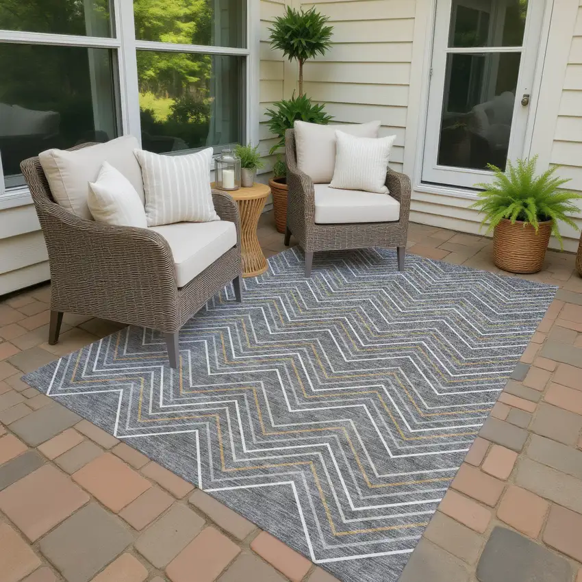 Gray Ivory And Gold Geometric Washable Indoor Outdoor Area Rug Photo 4