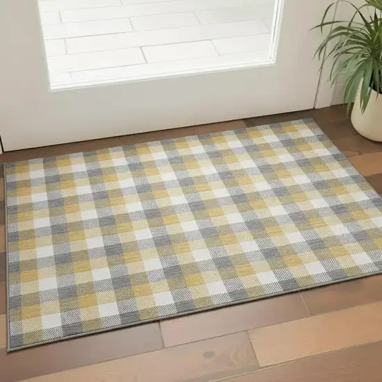 Gray Ivory And Gold Plaid Washable Area Rug With UV Protection Photo 2