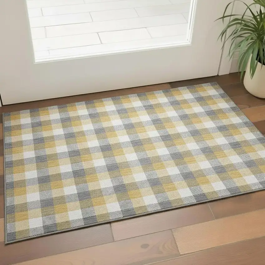 Gray Ivory And Gold Plaid Washable Area Rug With UV Protection Photo 2