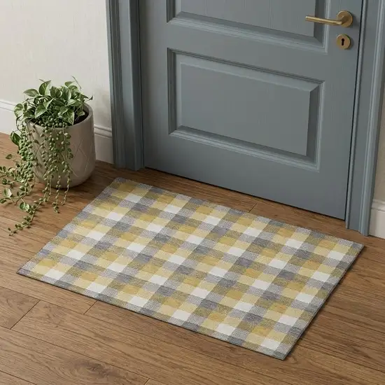 Gray Ivory And Gold Plaid Washable Area Rug With UV Protection Photo 1