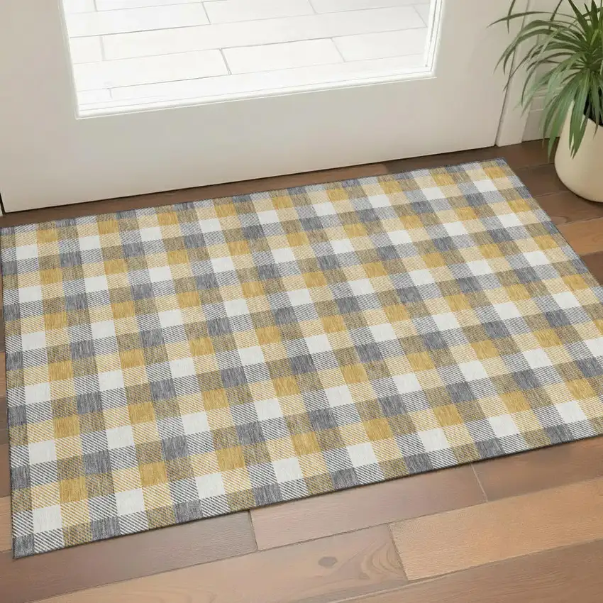 Gray Ivory And Gold Plaid Washable Area Rug With UV Protection Photo 1
