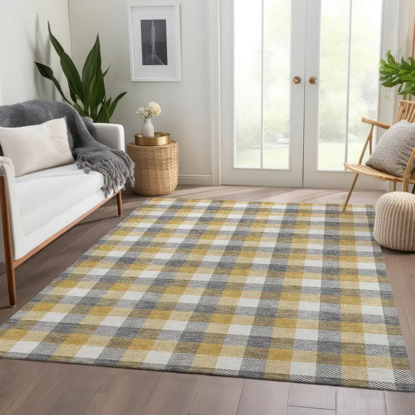 Gray Ivory And Gold Plaid Washable Area Rug With UV Protection Photo 5
