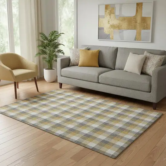 Gray Ivory And Gold Plaid Washable Area Rug With UV Protection Photo 2