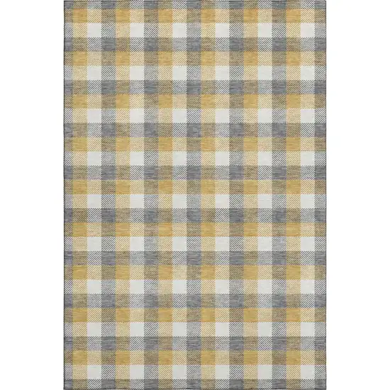 Gray Ivory And Gold Plaid Washable Area Rug With UV Protection Photo 1