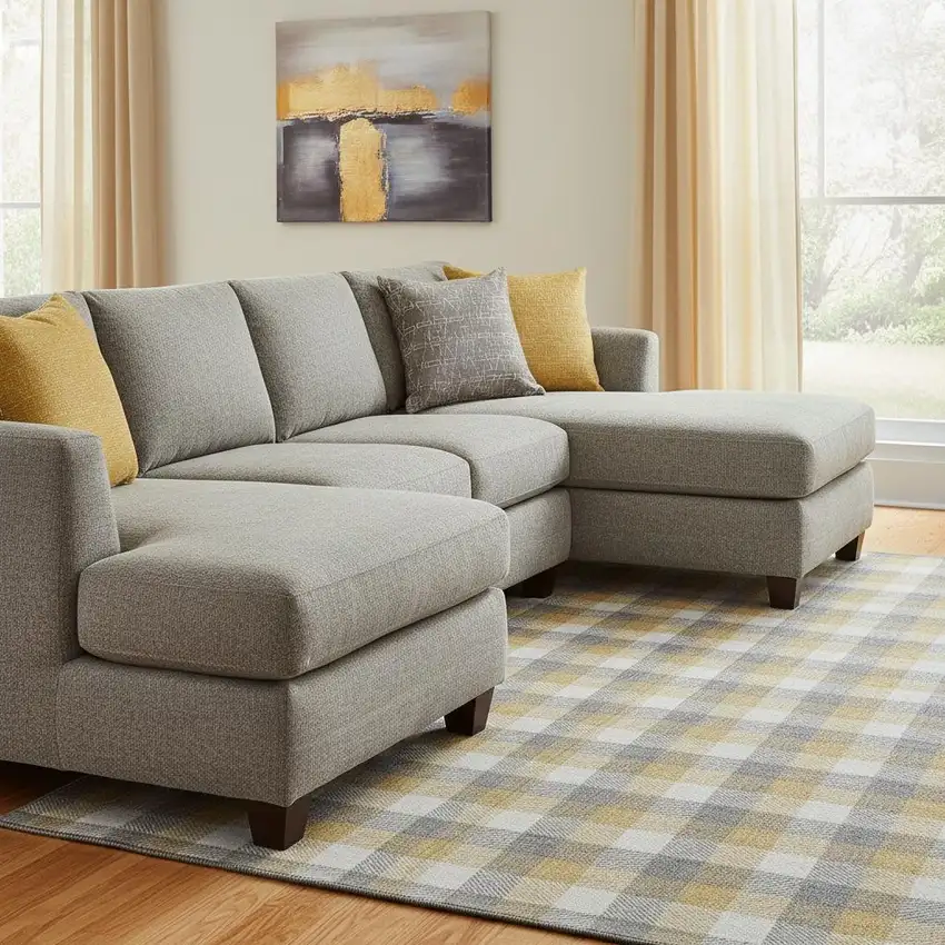 Gray Ivory And Gold Plaid Washable Area Rug With UV Protection Photo 2