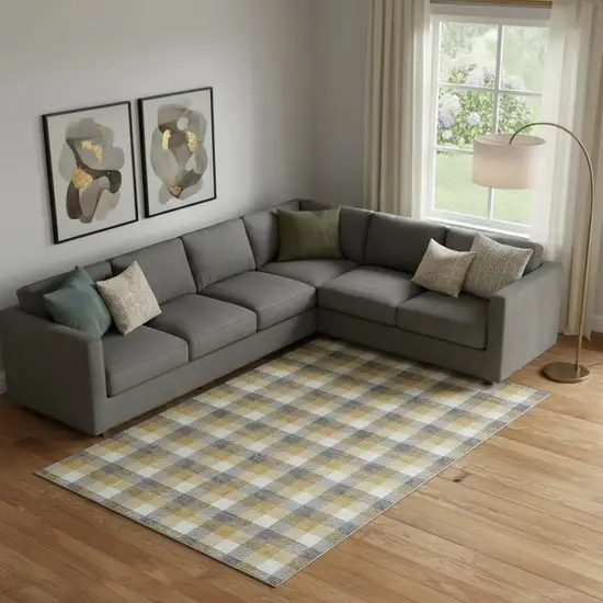 Gray Ivory And Gold Plaid Washable Area Rug With UV Protection Photo 2