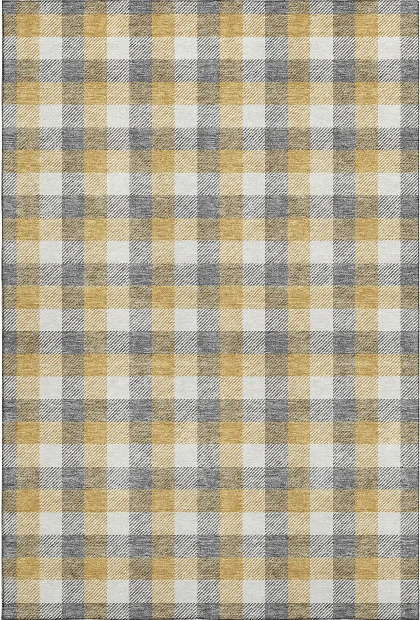 Gray Ivory And Gold Plaid Washable Area Rug With UV Protection Photo 1