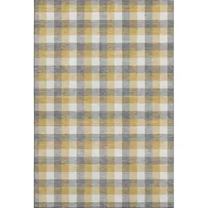 Photo of Gray Ivory And Gold Plaid Washable Area Rug With UV Protection