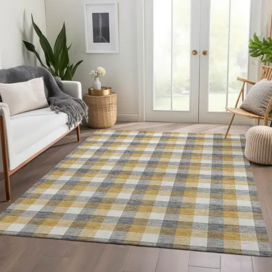 Gray Ivory And Gold Plaid Washable Area Rug With UV Protection Photo 5